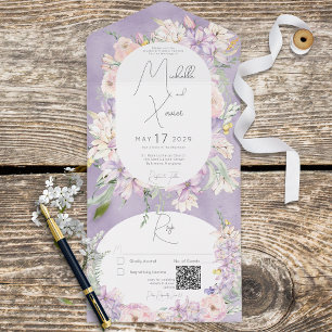 Rustic Lavender & Pink Pastel Floral QR Code All In One Invitation