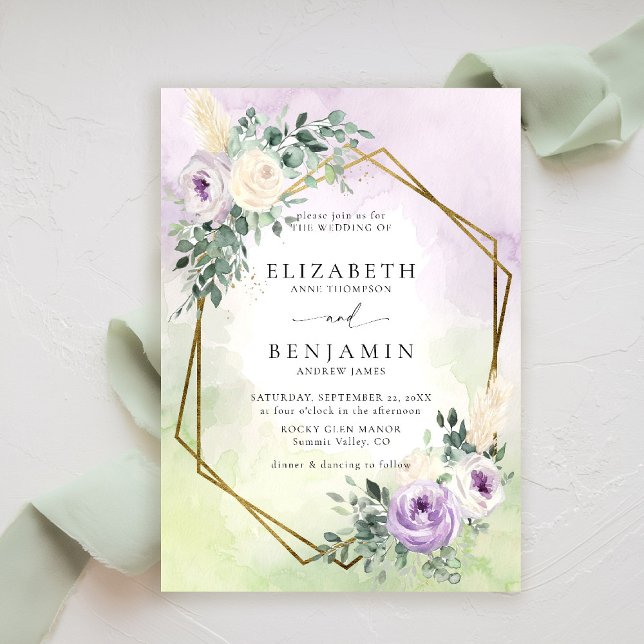 Rustic Lavender Purple Boho Chic Geometric Wedding Invitation (purple lavender lilac wedding invitation watercolor elegant rustic floral geometric boho chic)