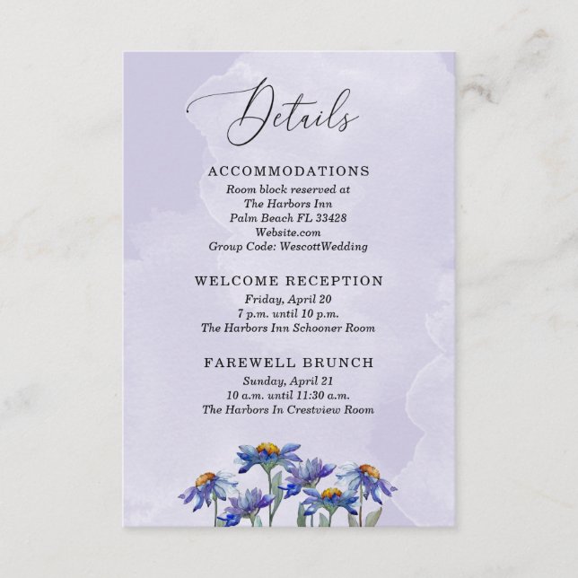 Rustic Lavender Purple Daisies Wedding Details Enclosure Card (Front)
