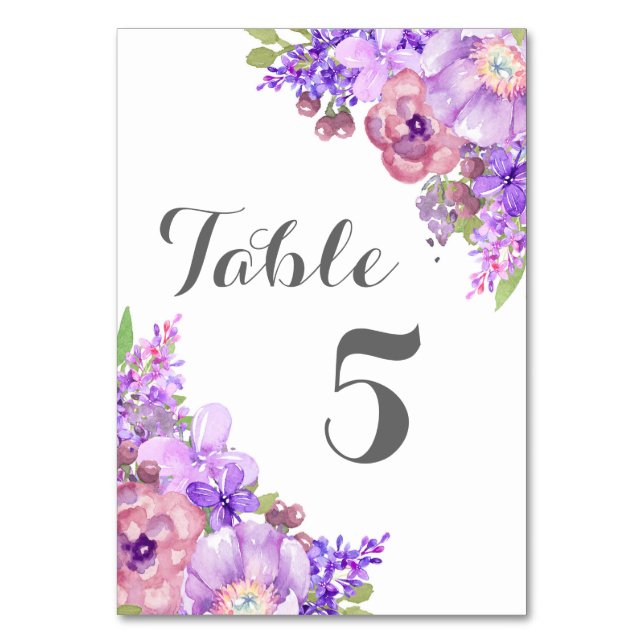 Rustic Lavender Purple Floral Wedding Table Number (Front)