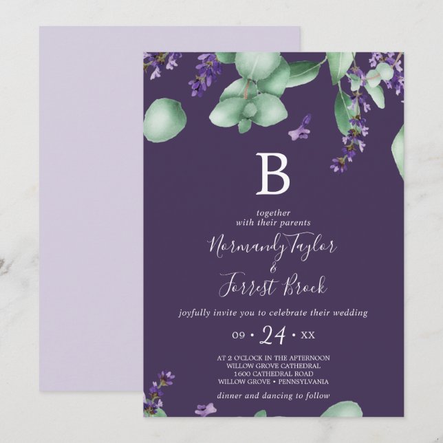 Rustic Lavender | Purple Monogram Wedding Invitation (Front/Back)