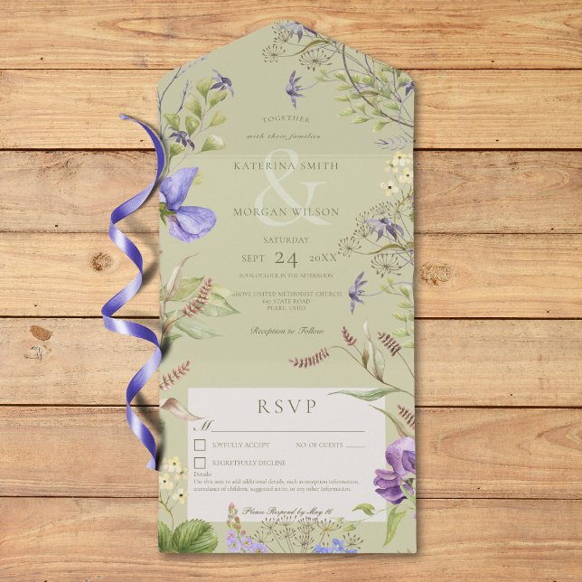 Rustic Lavender Sage Wildflowers White Details All In One Invitation (Rustic Lavender Sage Wildflowers White Details All In One Invitation)