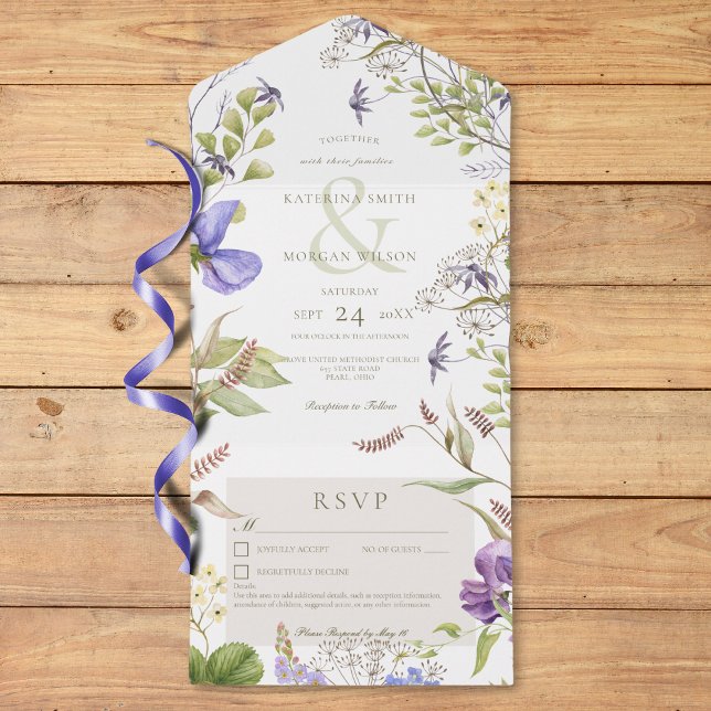 Rustic Lavender Sage Wildflowers White Details All In One Invitation (Rustic Lavender Sage Wildflowers White Details All In One Invitation)