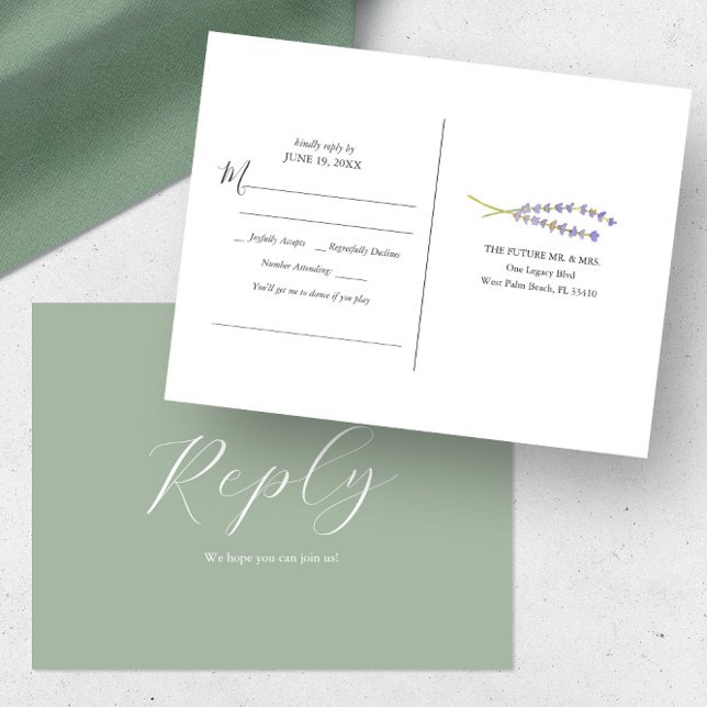 Rustic Lavender Song Request RSVP Postcard (Minimalistic watercolor lavender sprigs art & sage green by Victoria Grigaliunas of Do Tell A Belle)