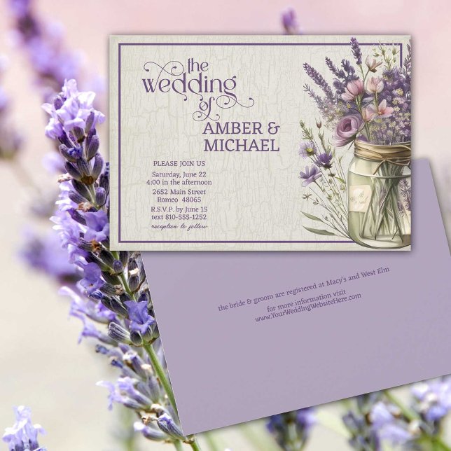 Rustic Lavender Spring Summer Floral Wedding Invitation (Pretty all-in-one rustic lavender floral wedding invitation.)