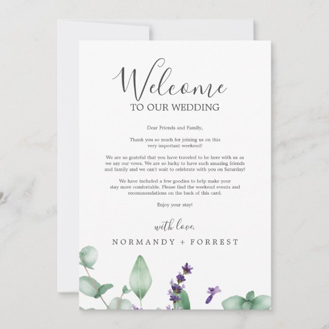 Rustic Lavender Wedding Welcome Letter & Itinerary (Front)