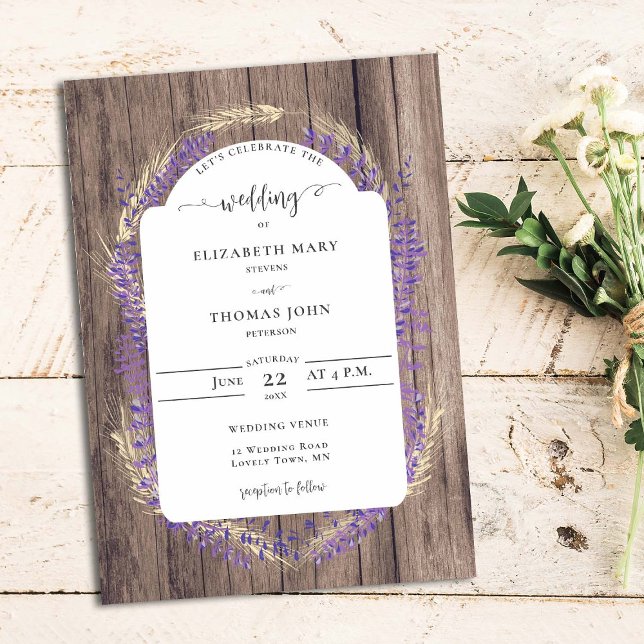Rustic Lavender Wheat Floral Frame Wood Wedding Invitation (Creator Uploaded)