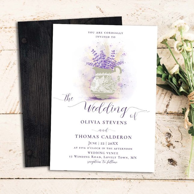 Rustic Lavender Wheat Wood Flower Pot Lace Wedding Invitation (Creator Uploaded)