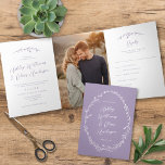 Rustic Lavender Wildflower Boho Photo Wedding Tri-Fold Invitation<br><div class="desc">This elegant tri-fold wedding invitation features rustic hand-drawn wildflower accents paired with elegant typography. The inside of the card features the invitation, one vertical photo, and an rsvp card that can be cut and mailed. The rsvp card requires standard first class postage (not postcard rate). On the back of the...</div>