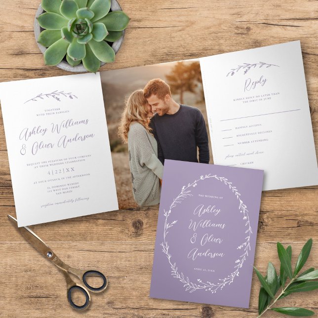 Rustic Lavender Wildflower Boho Photo Wedding Tri-Fold Invitation (Creator Uploaded)