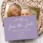 Rustic Lavender Wildflower   Photo Save The Date Invitation<br><div class="desc">This elegant wedding save the date features a lovely lavender purple background, hand-drawn wildflower sprig, and elegant typography. On the back is your photo in horizontal format. The photo on the back is removable if desired. It's a perfect design for a rustic yet elegant wedding! See the collection for more...</div>