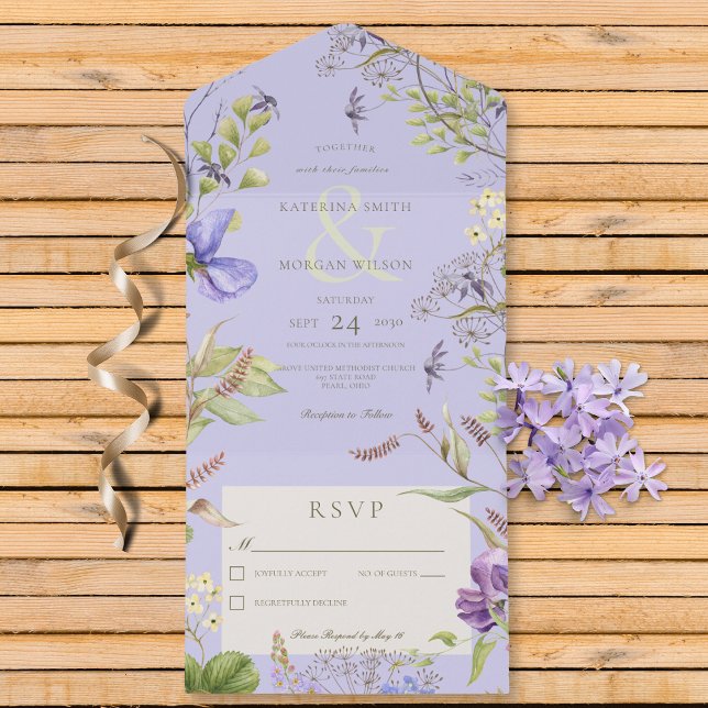 Rustic Lavender Wildflowers Lavender No Dinner All In One Invitation (Also available with a QR code or with dinner selection options.)