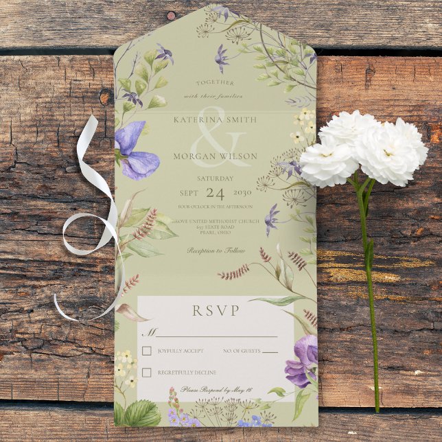 Rustic Lavender Wildflowers Sage Green No Dinner All In One Invitation (Rustic Lavender Wildflowers Sage Green All In One Wedding Invitation without Dinner Options)