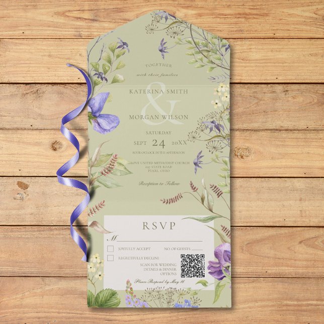 Rustic Lavender Wildflowers Sage QR Code All In One Invitation (Rustic Lavender Wildflowers Sage QR Code All In One Invitation)