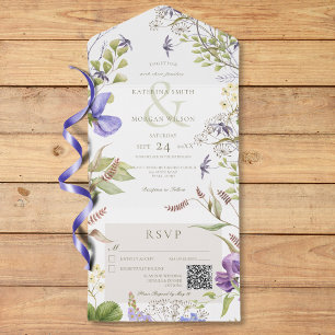Rustic Lavender Wildflowers White QR Code All In One Invitation