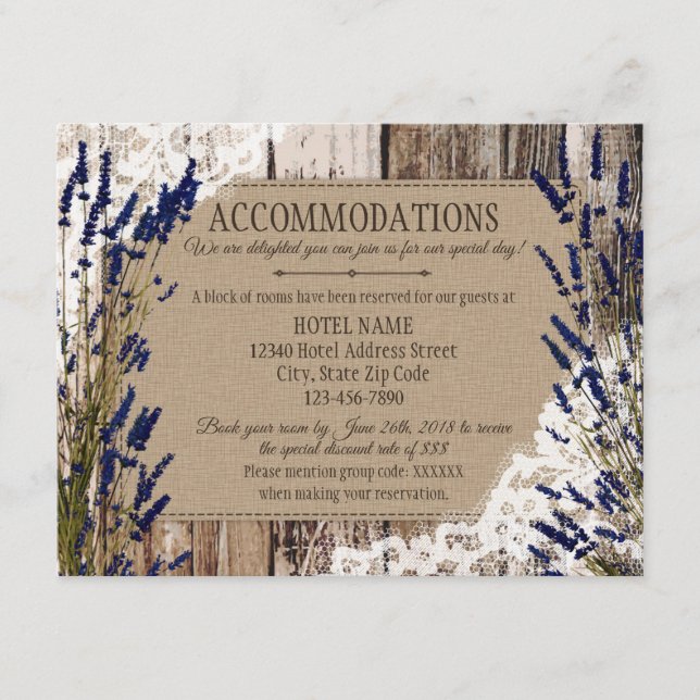 Rustic Lavender Wood Lace Accommodations Card (Front)