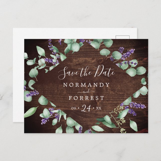 Rustic Lavender | Wooden Save the Date Postcard (Front/Back)