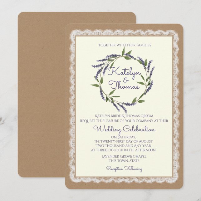 Rustic Lavender Wreath and Lace Wedding Invitation (Front/Back)