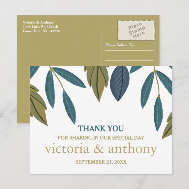 Rustic Leaf Floral Wedding Thank You Postcard (Front/Back)