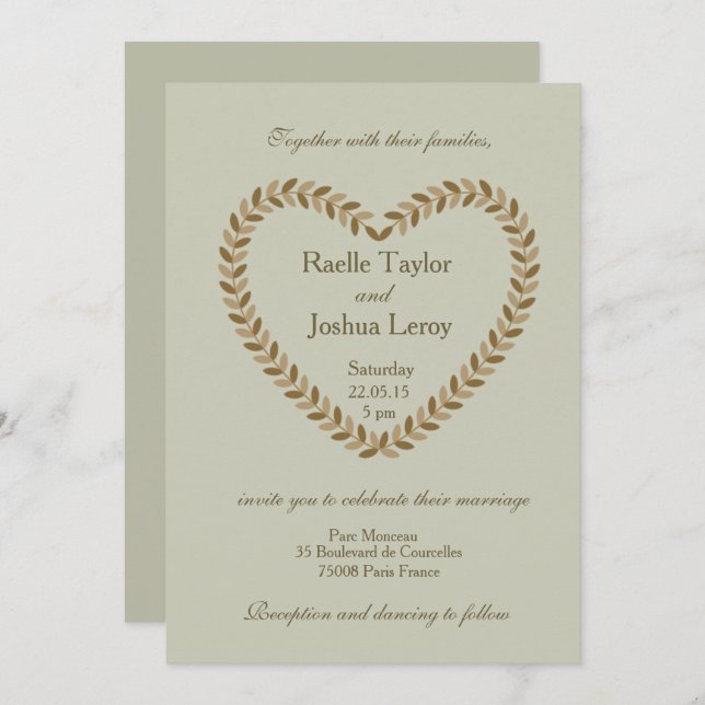 Rustic leaf olive spruce heart wedding invitation (Front/Back)