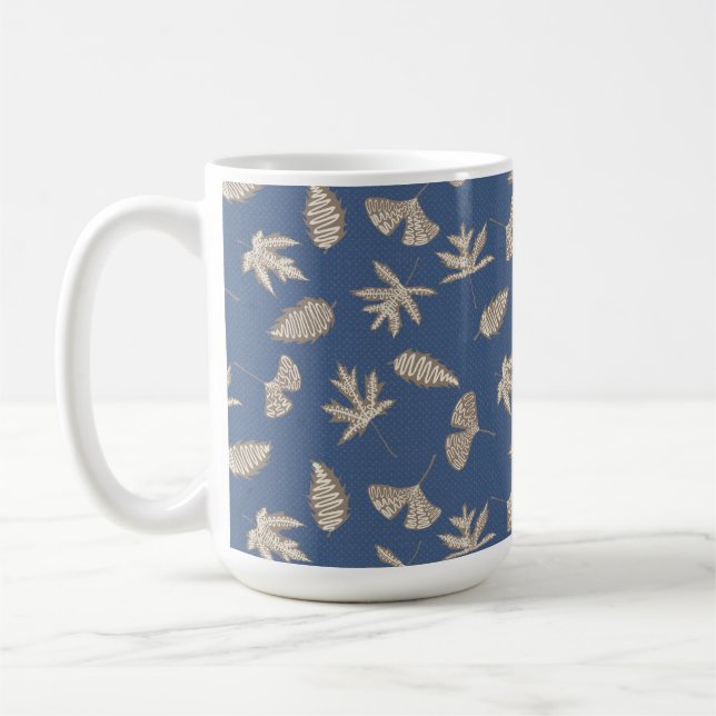 Rustic Leaf Silhouettes, Denim Blue, Khaki, Cream Coffee Mug (Left)