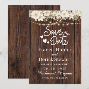Rustic Leaf String lights Wood Save The Date Invitation