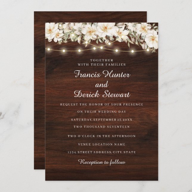 Rustic Leaf String lights Wood Wedding Invitation (Front/Back)