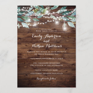 Rustic Leaf String lights Wood Wedding Invitation
