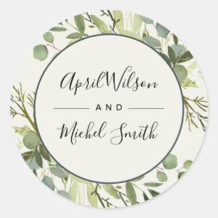 RUSTIC LEAFY GREEN GOLD FOLIAGE WATERCOLOR WEDDING CLASSIC ROUND STICKER