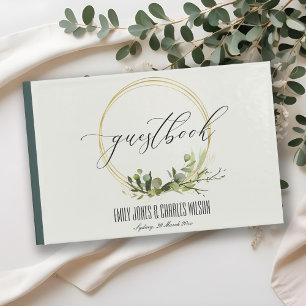 RUSTIC LEAFY GREEN GOLD FOLIAGE WATERCOLOR WEDDING GUEST BOOK