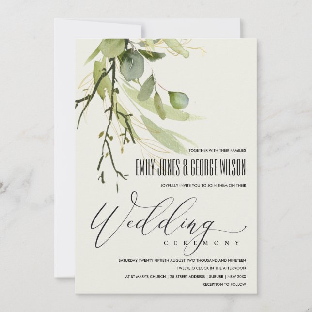 RUSTIC LEAFY GREEN GOLD FOLIAGE WATERCOLOR WEDDING INVITATION (Front)