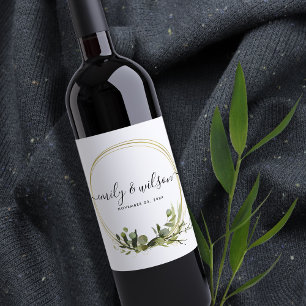 RUSTIC LEAFY GREEN GOLD FOLIAGE WATERCOLOR WEDDING WINE LABEL