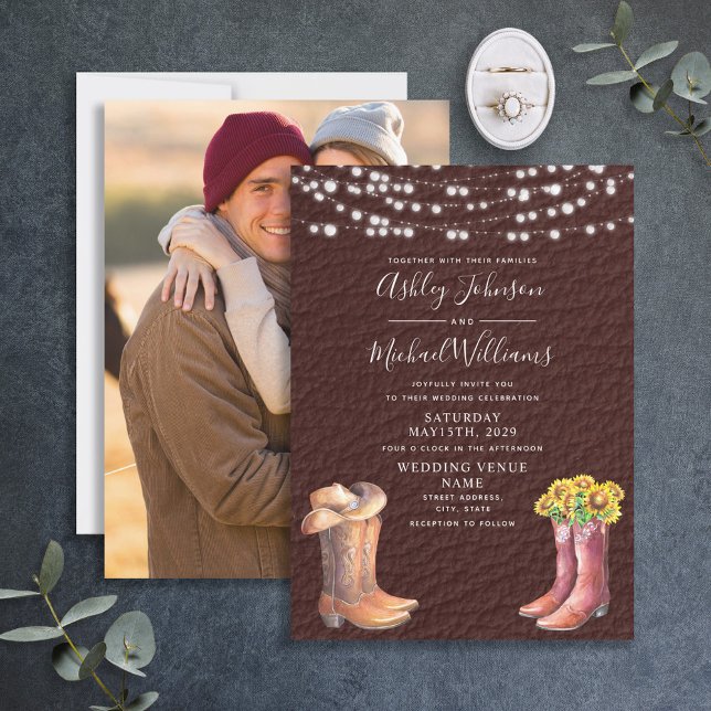 Rustic Leather Boots Hat Country Photo Wedding Invitation (Creator Uploaded)