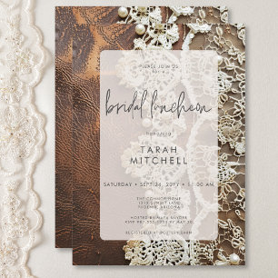 Rustic Leather & Bridal Lace Bridal Luncheon Invitation