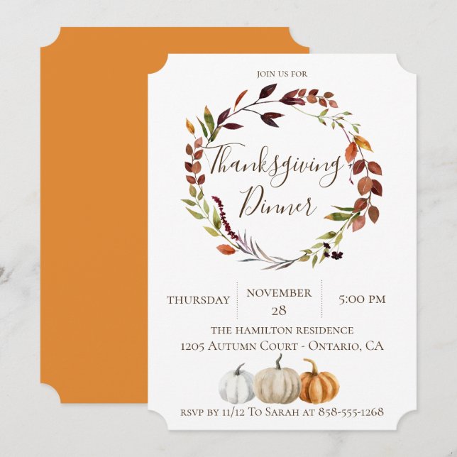 Rustic Leaves and Pumpkins Thanksgiving Dinner Invitation (Front/Back)