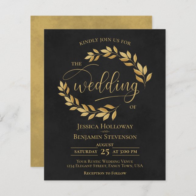 Rustic Leaves Black & Gold BUDGET Wedding Invite (Front/Back)