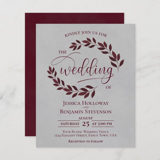 Rustic Leaves Burgundy Grey BUDGET Wedding Invite (Front/Back)