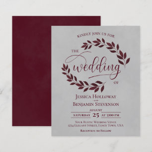 Rustic Leaves Burgundy Grey BUDGET Wedding Invite