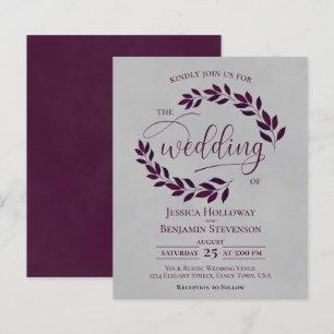 Rustic Leaves Cassis on Grey BUDGET Wedding Invite