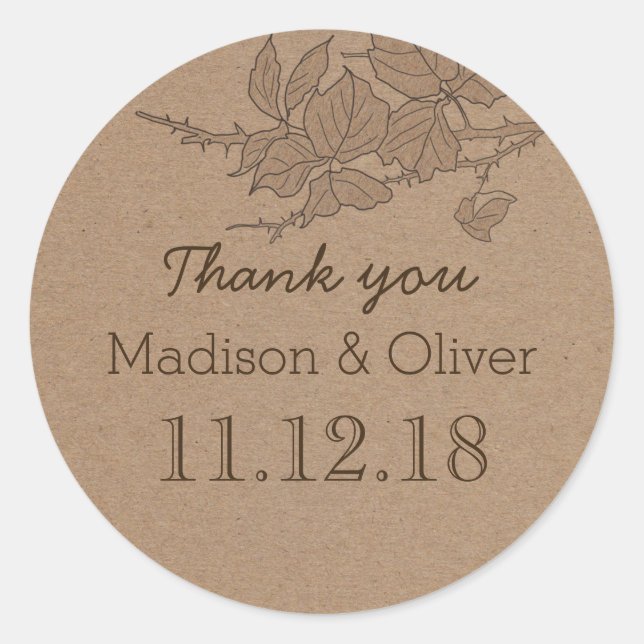 Rustic Leaves Country Wedding Thank You Classic Round Sticker (Front)