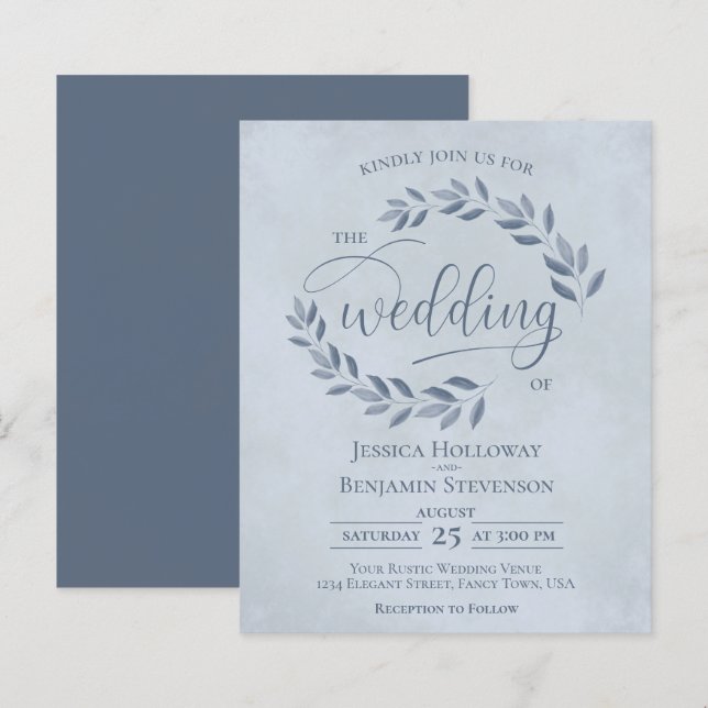 Rustic Leaves Dusty Blue BUDGET Wedding Invite (Front/Back)