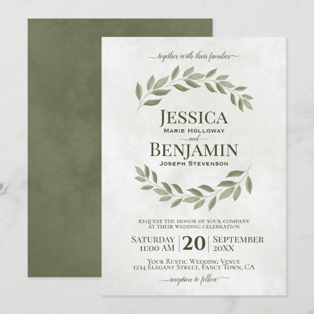 Rustic Leaves Elegant Sage & Olive Green Wedding Invitation (Front/Back)