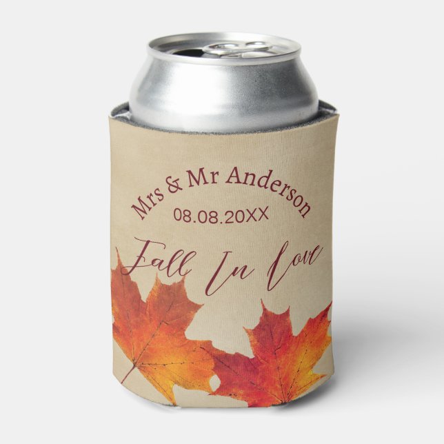 Rustic Leaves Fall in Love Autumn Wedding Favour Can Cooler (Can Front)