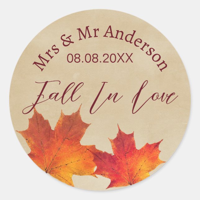 Rustic Leaves Fall in Love Autumn Wedding Favour Classic Round Sticker (Front)