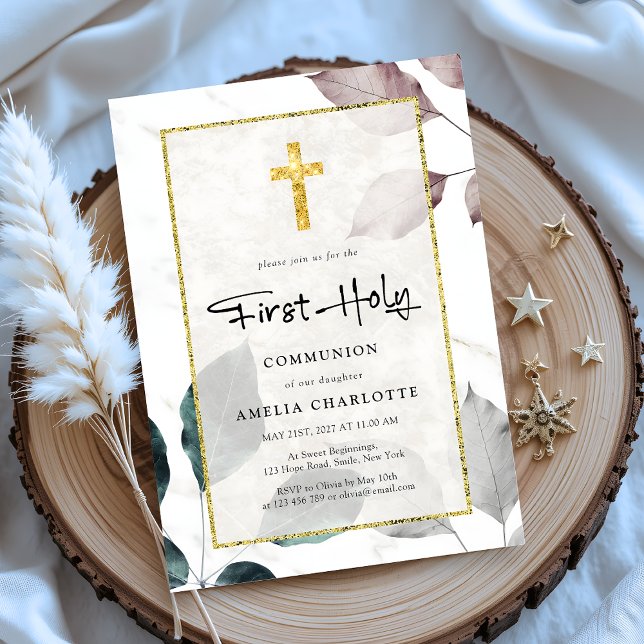 Rustic Leaves Gold Glitter Cross First Communion  Invitation (Creator Uploaded)