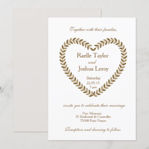 Rustic leaves heart gold white wedding invitation