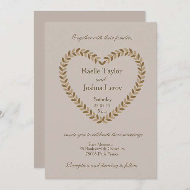 Rustic leaves heart taupe fall wedding invitation (Front/Back)