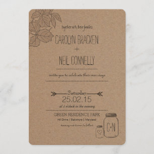 Rustic Leaves Mason Jar Heart Wedding Invitation