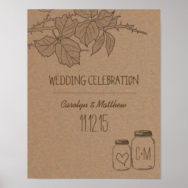 Rustic Leaves | Mason Jar | Heart Wedding Poster (Front)