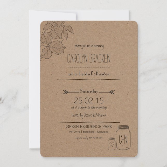 Rustic Leaves| Masonjar | Heart Bridal Shower Invitation (Front)